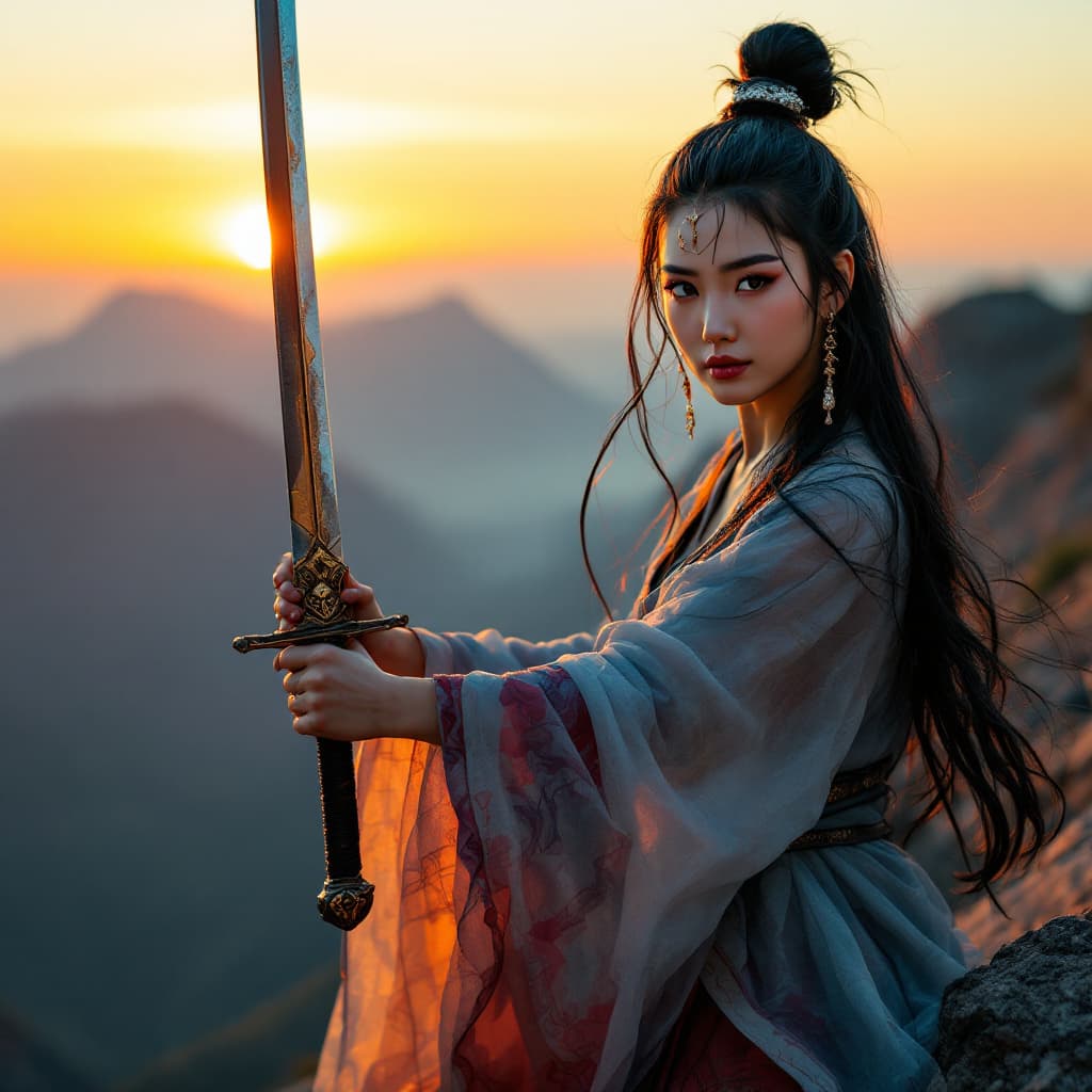 AI generated: At sunset, during golden hours, closeup photo of a Chinese warrior woman in plastic pose with sword,...