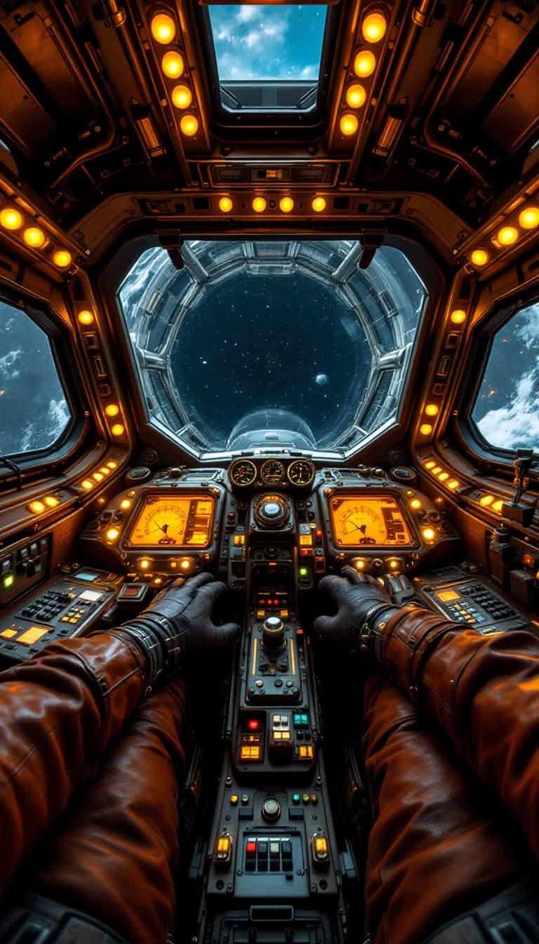 AI generated: First-person POV from the cockpit of a large steampunk-inspired spacecraft. The camera is fixed as i...