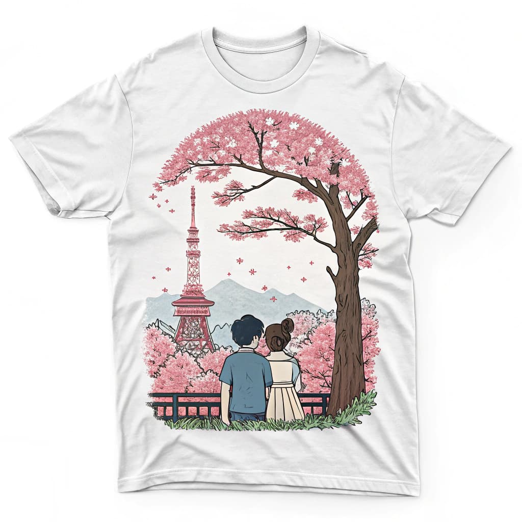 AI generated: Summer trip in the Tokyo , sakura lover , sweetheart couple, t-shirt design,banlance harmony space ,...