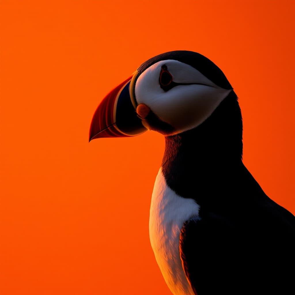 AI generated: photography, portrait of contrast, profile silhouette of a puffin, vibrant hot orange backdrop, visu...