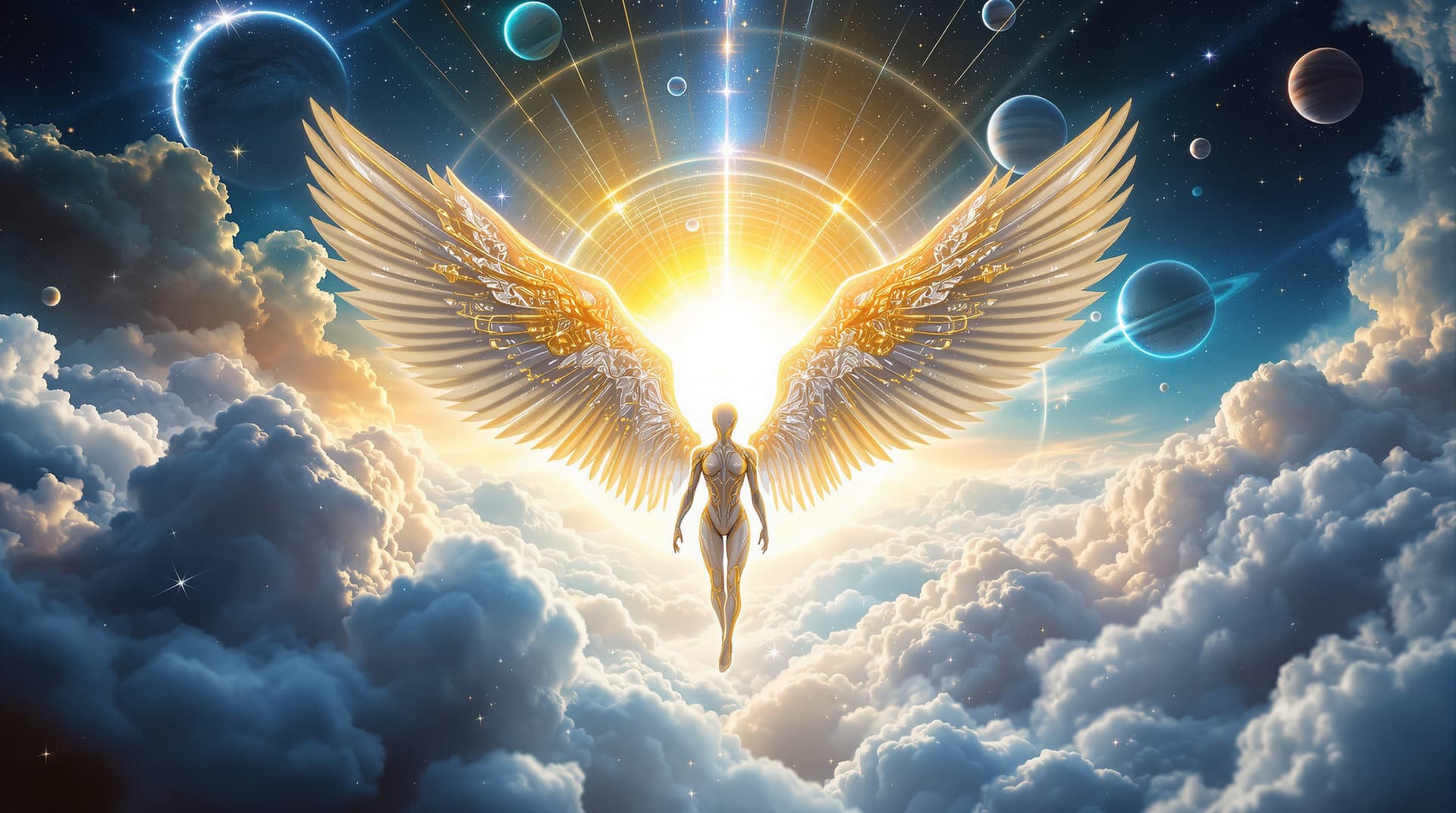 AI generated:  Image is a digital artwork featuring a close up view  of a futuristic, celestial scene. At the cent...