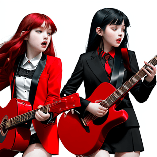 AI generated: the first girl, with black long hair sings, the second girl, with red hair, plays guitar, they are d...