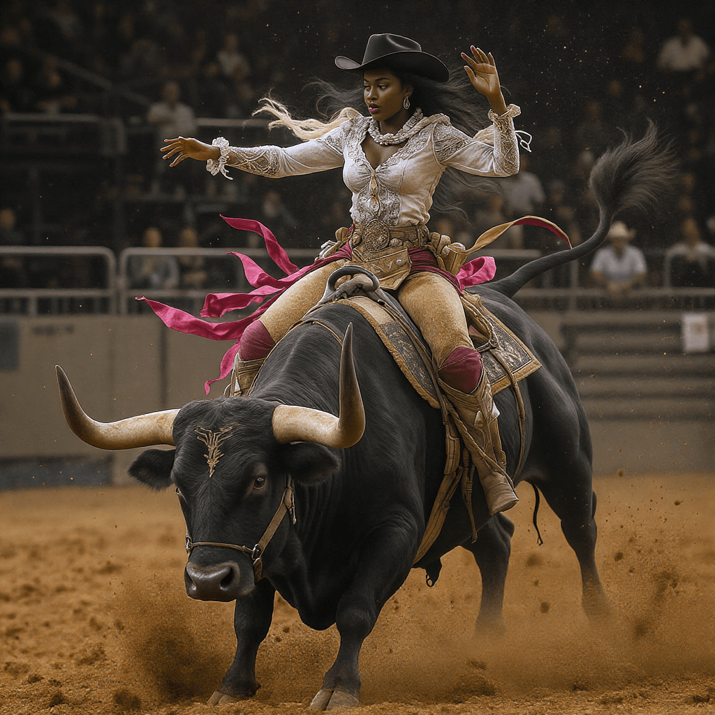 AI generated: African american female bull rider, art brut style, rodeo arena.

