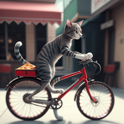 AI generated: A cat riding a bicycle with a pizza in hand,Realistic, 4k,hyperdetailed,octane render