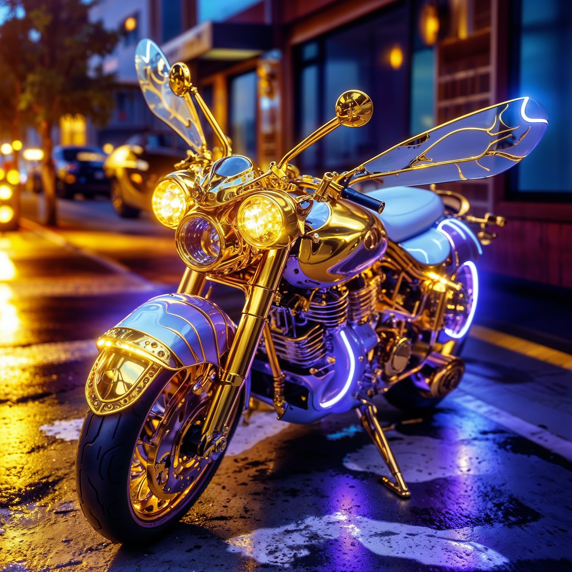 AI generated: a Gorgeous Beautiful motorcycle with outstretched pure golden and glossy black with white wings, (fa...