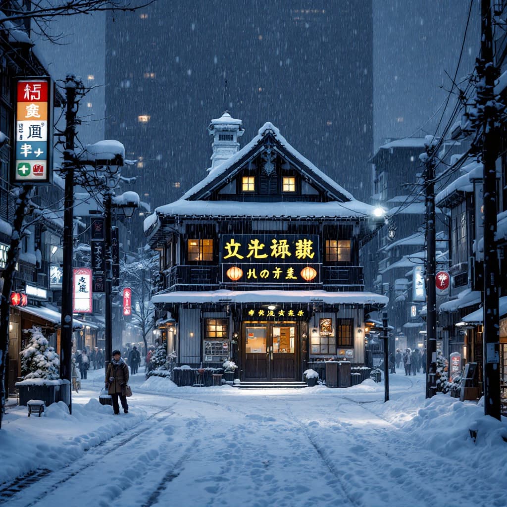 AI generated: Hot spring hotel in the middle of a busy Japanese street in the very much snow.  The background is a...