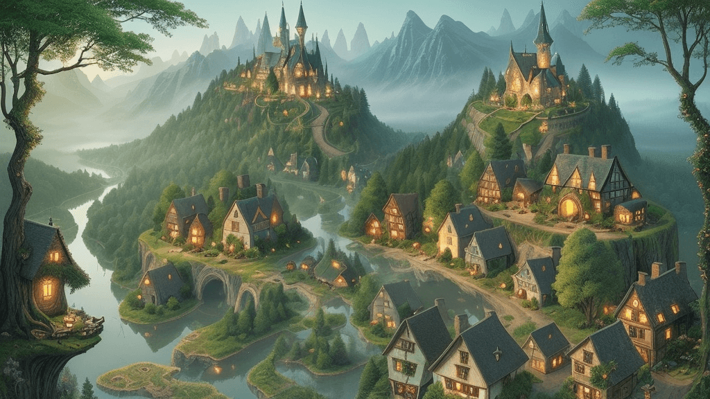 AI generated:  a quaint little village nestled at the edge of a vast enchanted forest