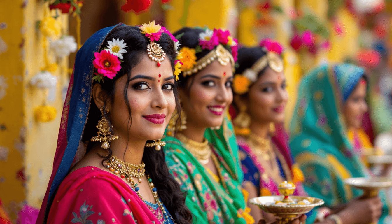 AI generated: Indian WOMEN, BRIGHT COLORS, FLOWERS, 