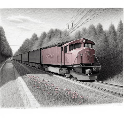 AI generated: beautiful pencil drawing of an emty rail road,  red corn rose on the side