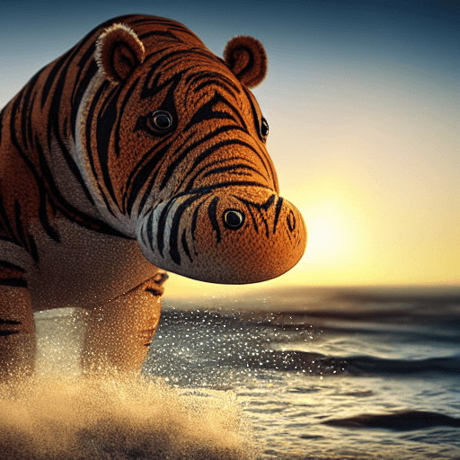 AI generated: a closeup photorealistic photograph of a cute smiling knitted tiger hippopotamus chasing after a bea...