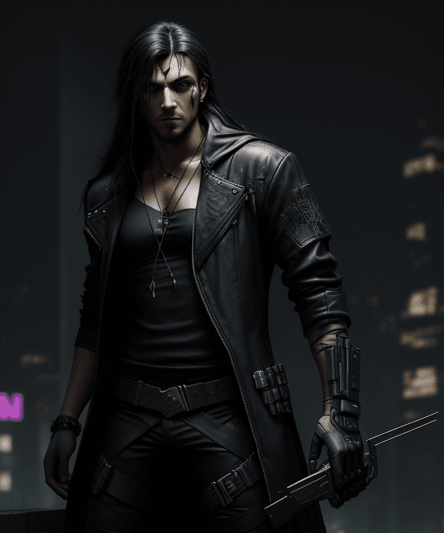 AI generated: Cyberpunk, robin hood, revolver, stylish,  dark clothes, black long hair, male, kapiszon, high resol...