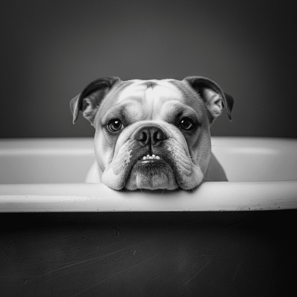 AI generated: Generate me an HD ULTRA 8k Black and white headshot photograph of a female english bulldog that is t...