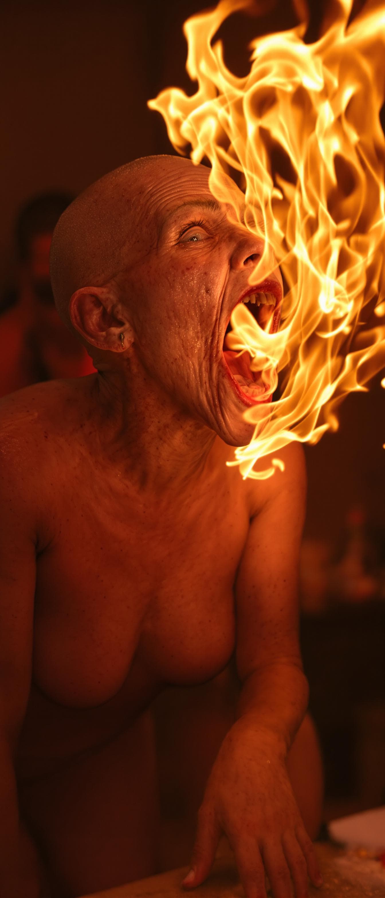 AI generated: An ugly face woman with ugly body  dancing in a party with fire from her mouth  . She is bald . She ...
