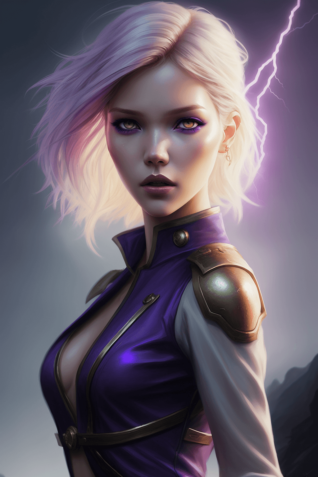 AI generated: a woman sasha luss with a purple eye makeup and a lightning background is shown in this digital pain...