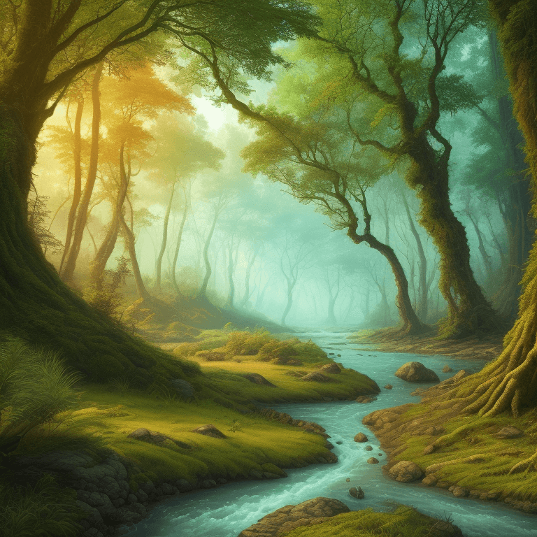 AI generated: Imaginative landscape of a river bank, with a prehistoric forest, vivid colors, 4K, detailed.