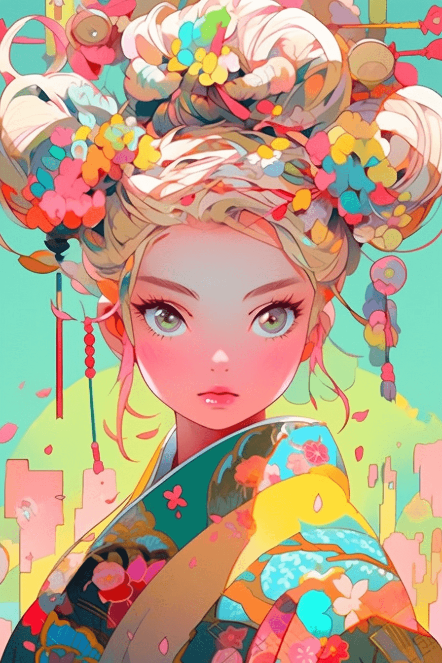 AI generated: A playful and whimsical girl, cartoon style, with colorful makeup, Naturalist Art style by Tomer Han...