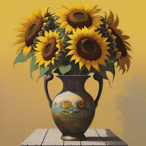 AI generated:  an oil painting of many sunflowers in a yellow vase, in the style of 1000–1400 ce, 32k uhd, coloriz...