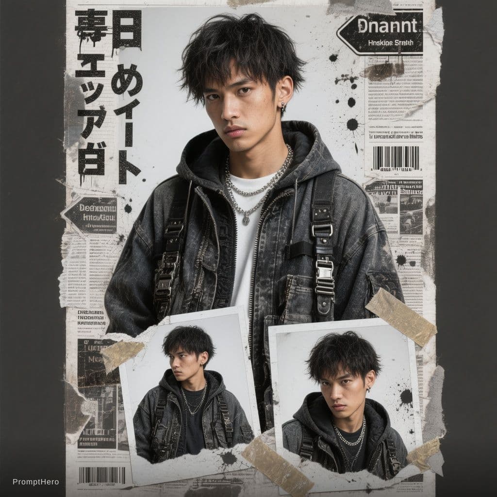 AI generated: Buat poster kolase editorial streetwear Jepang bergaya Y2K yang bold dengan estetika majalah fashion...