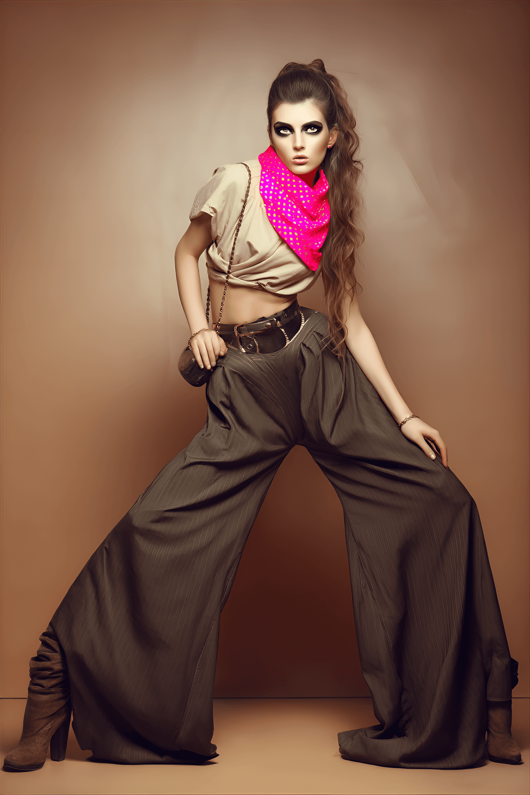AI generated: funny caricature, eccentric fashion model, caucasian ethnicity, 23 years old, dramatic, flexible, un...