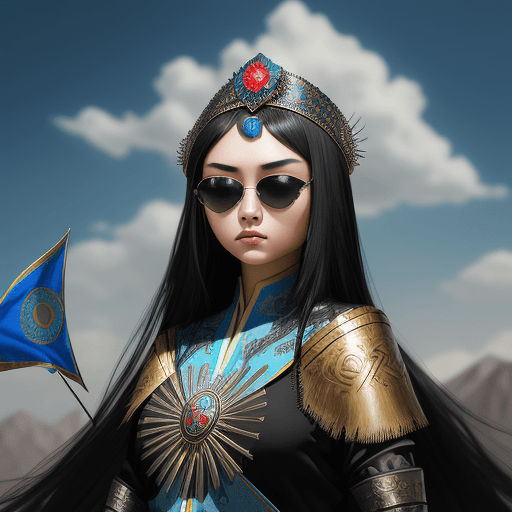 AI generated: kazakh beauty girl. black long hair. traditional clothes. line eyes. Turkish style. sunglasses refle...