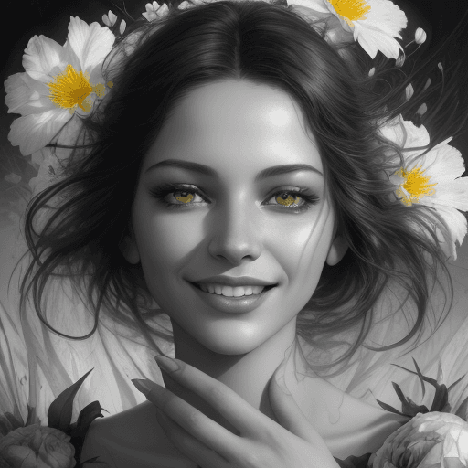 AI generated: Beautiful Woman with a smile appears from colorful flowers, cinematic lighting, photo realistic, by ...