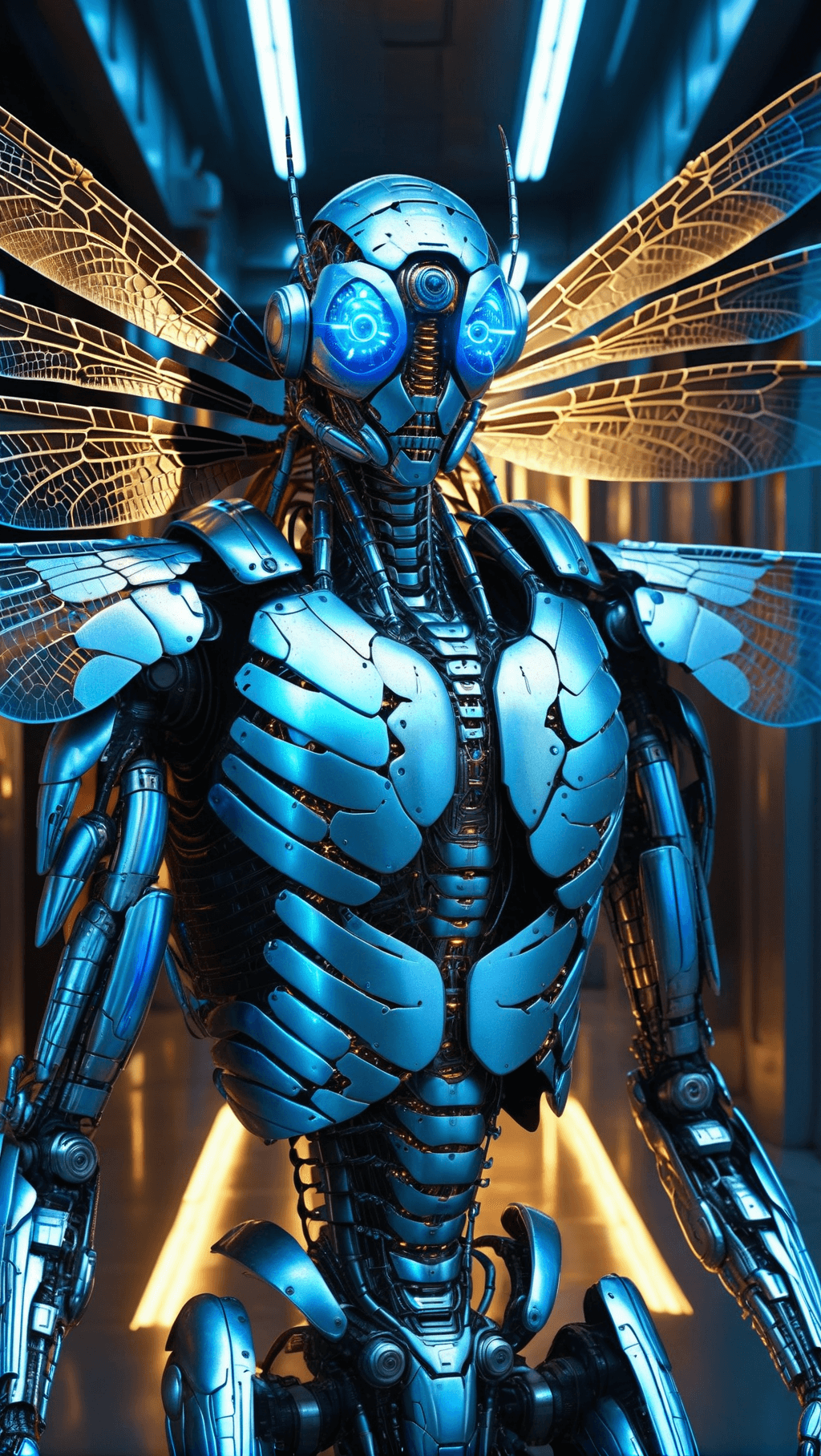 AI generated: Ultra-detailed cyborg in a spaceship (blue eyes), with anthropomorphic cybernetic elements on metal ...