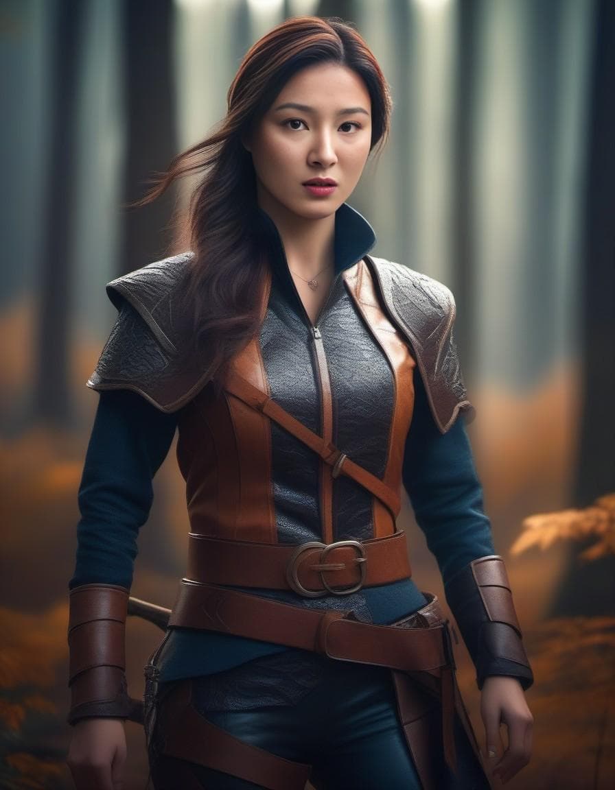 AI generated: Photo of a beautiful and seductive female hunter wearing leather and cloth attire, upper body, outdo...