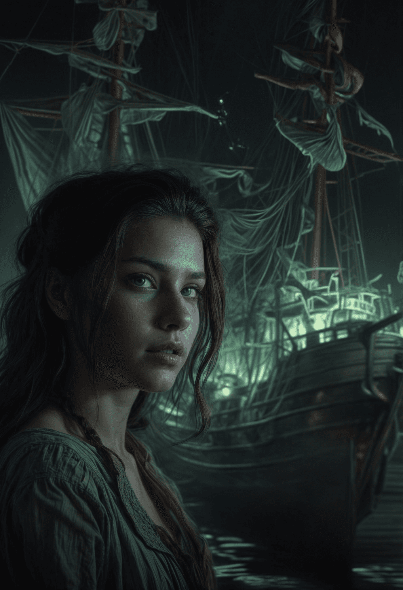 AI generated: creepy image,Woman In A Harbor Town , Translucent Fluorescent Ghost Pirate Ship In The Background  ,...