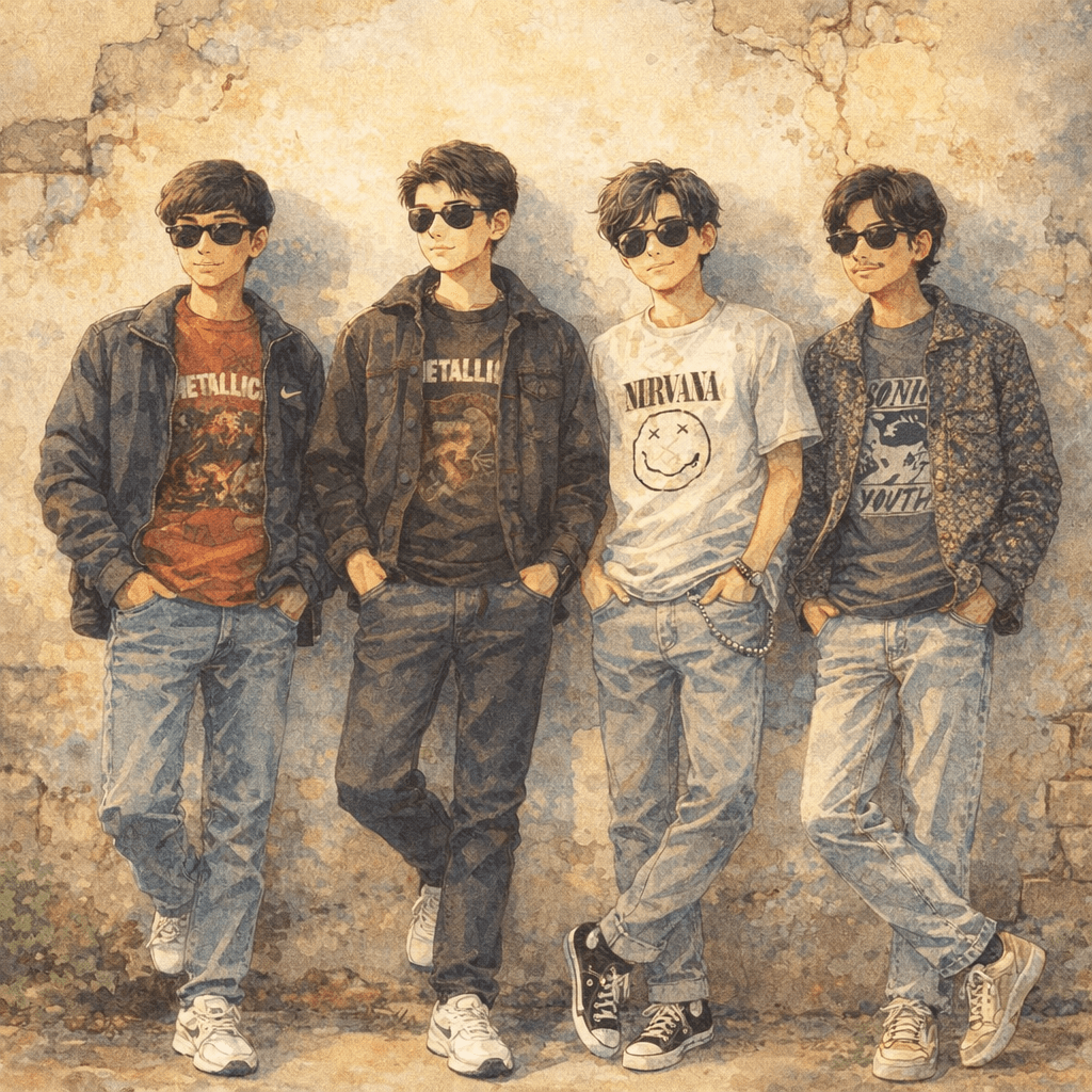 AI generated: A group of four young men casually hanging out against a weathered, cracked wall with peeling paint....
