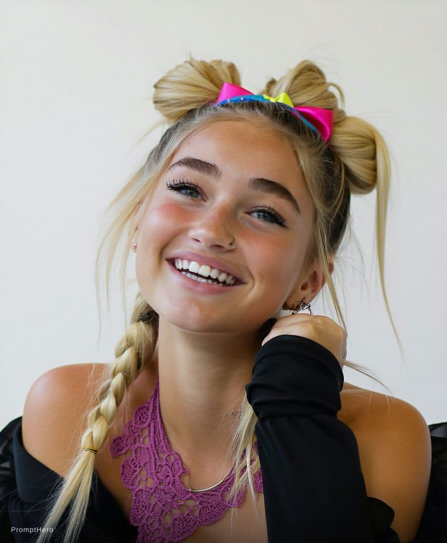 AI generated: Young woman (20) with blonde, dyed updo, wearing a colorful lace garter and a sexy smile.