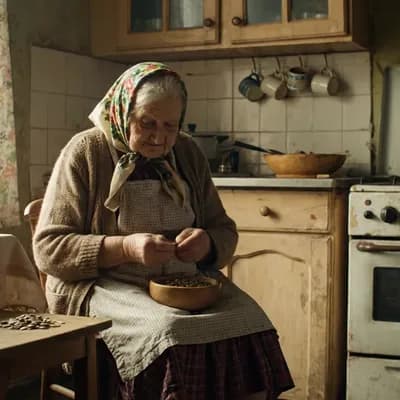 AI generated video: Russian grandmother sitting on a wooden chair in a small, old kitchen, wearing a scarf on her head, ...
