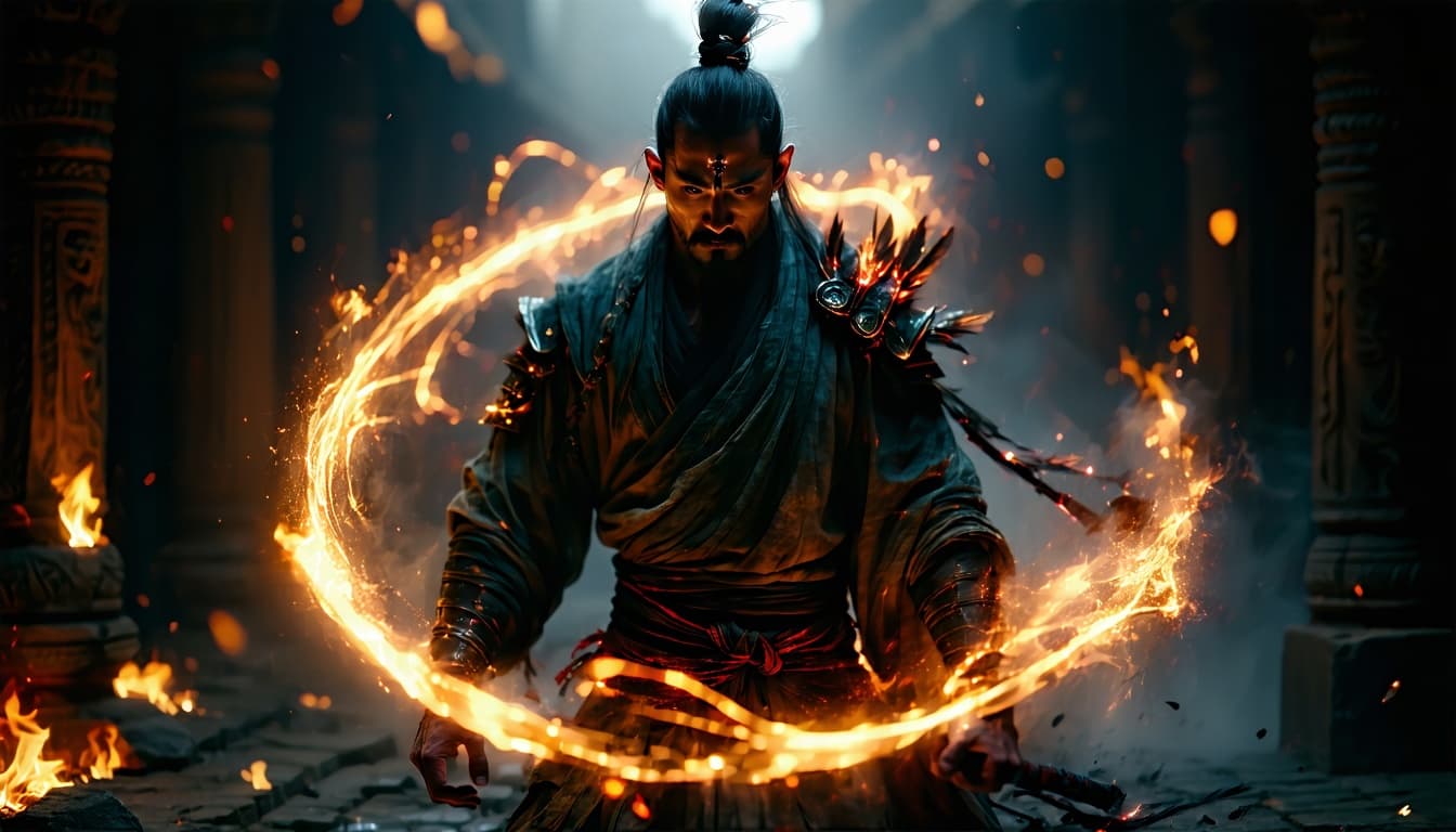 AI generated: cinematic mythological realism, divine warrior aesthetic, dark moody atmosphere, godlike masculine f...