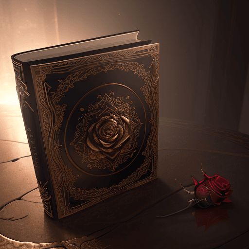 AI generated: Photo of a ultra realistic leather bound book, with a rose dipped in gold on its cover, dramatic lig...