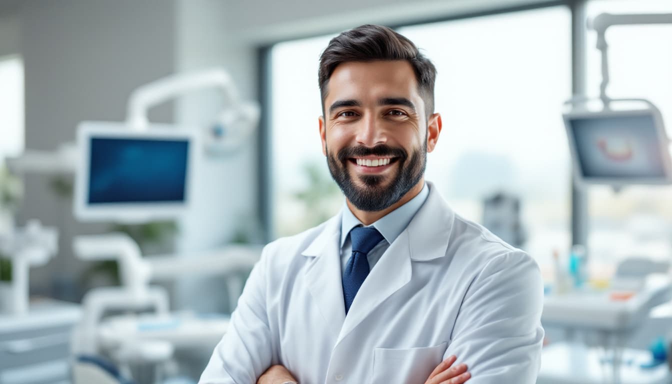 AI generated: A 35-year-old dentist with a short, well-groomed black beard and dark hair, wearing a white coat ove...
