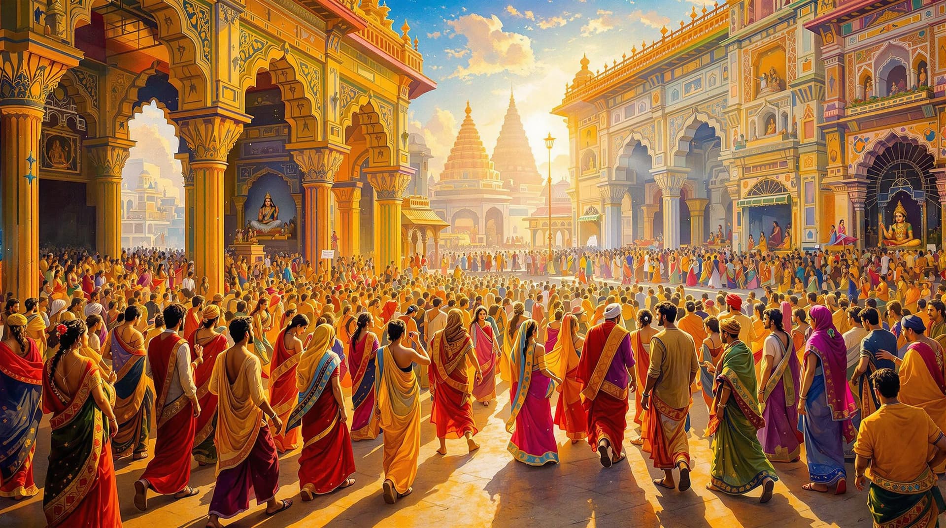 AI generated: "An intricate traditional Indian painting featuring a vibrant festival scene with people in elaborat...