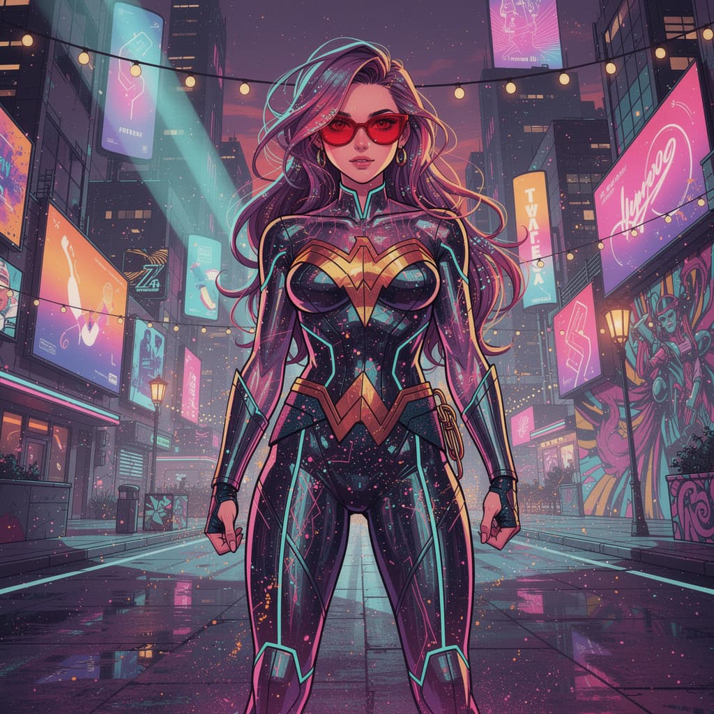AI generated: a full body bio limerent woman looking at viewer, Futuristic retro vaporwave,wonder women, (futurist...