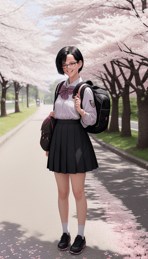 AI generated:  A woman wearing a JK uniform with short black hair, glasses, and a backpack, standing on a school r...