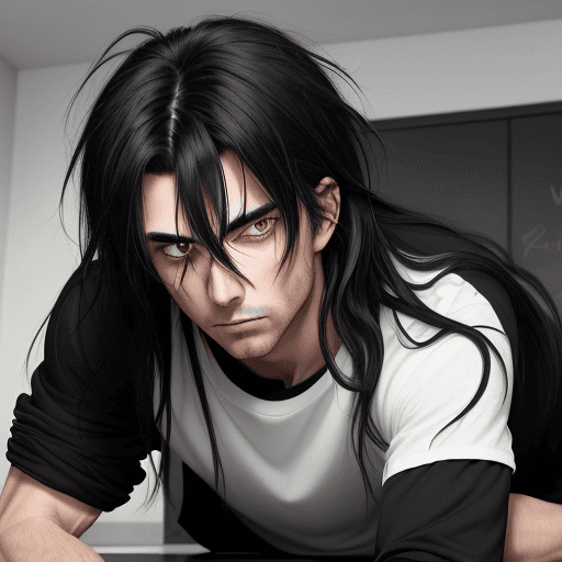 AI generated: 1boy, black_eyes, red_eyes, black_hair, long_hair, messy_hair, bangs, hair_between_eyes, stubble, ey...