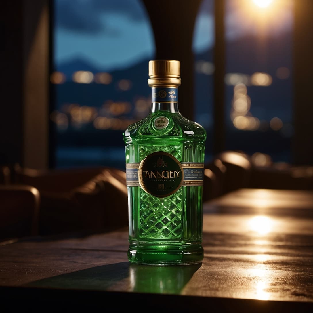 AI generated: Photograph. Bottle, gin tanquery, Andy Warhol style. Bottle center with ring shape of royalty and wr...