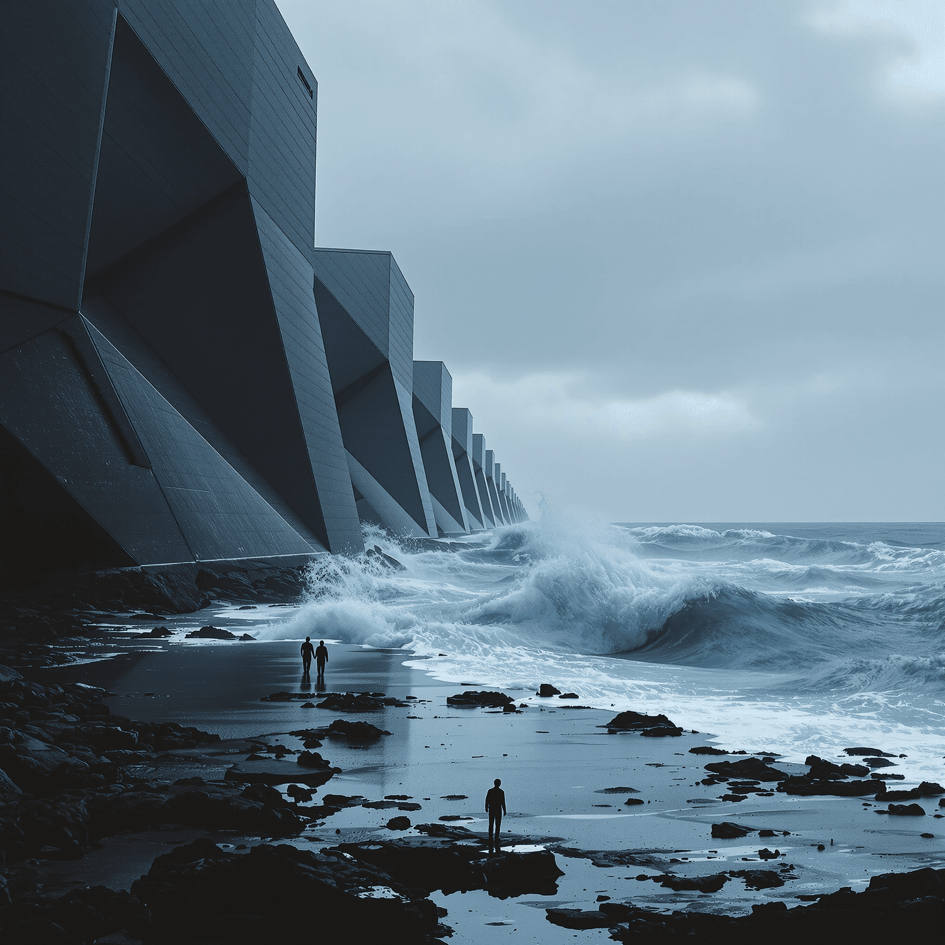AI generated: minimalist sci-fi, workers approach colossal tidal energy plant, massive waves crash against structu...