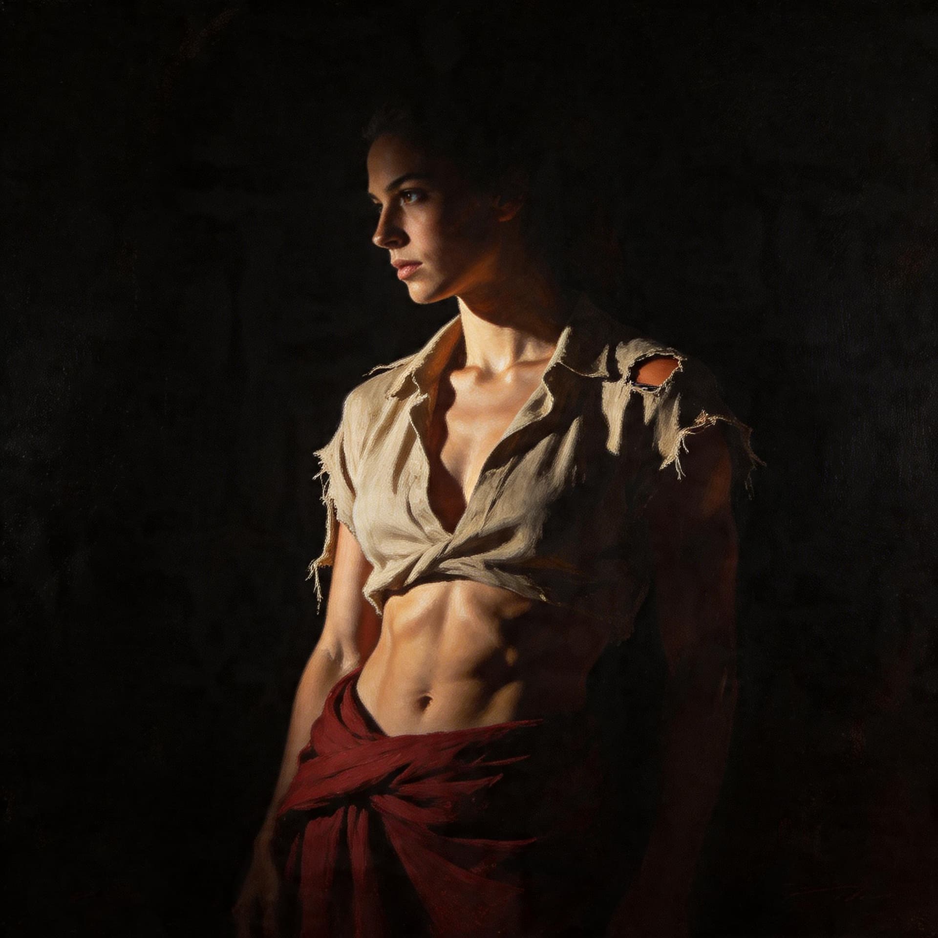 AI generated: Tenebristic oil painting with dramatic light contrast of a muscular female figure emerging from dark...
