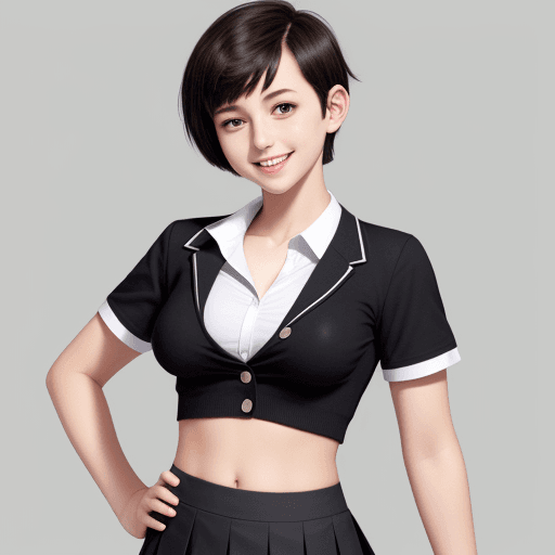 AI generated: school uniform, skirt, short hair, black eyes, nipples, smile, flat chest, 