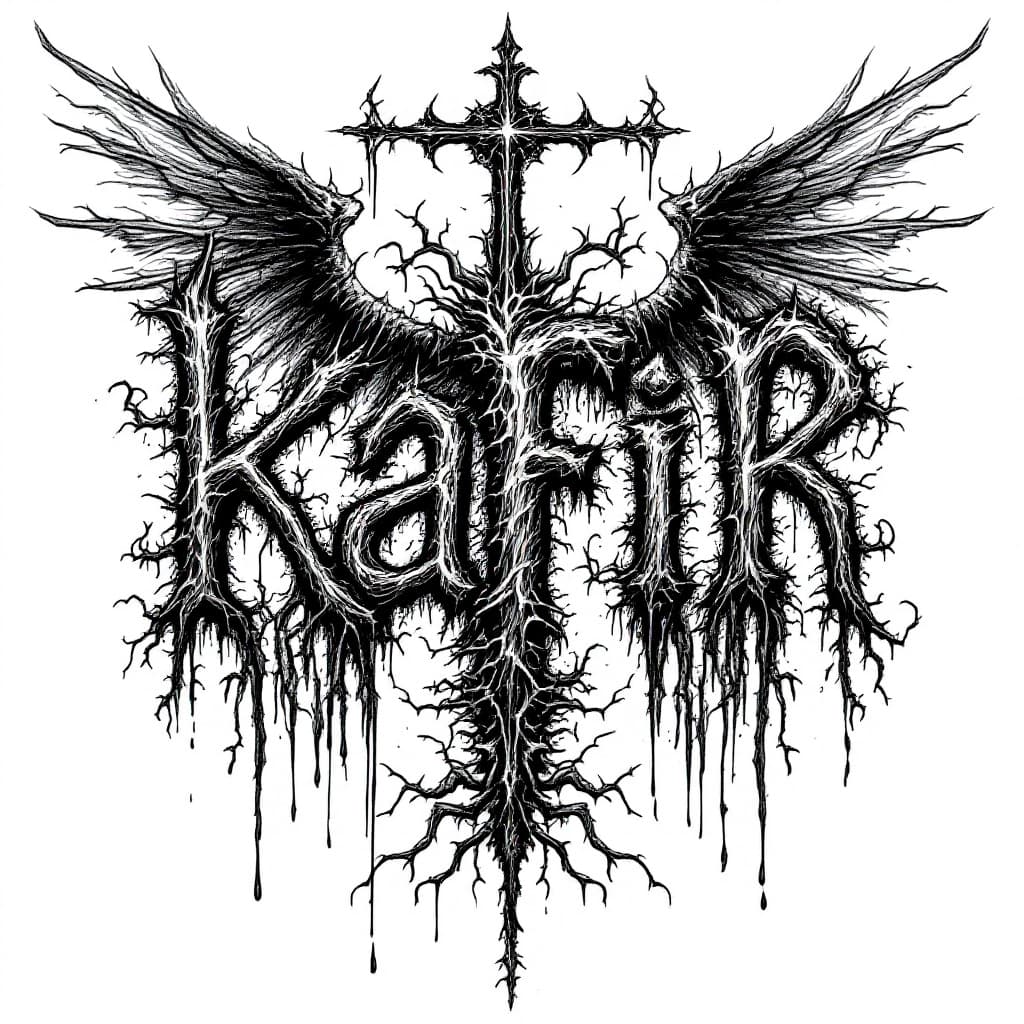 AI generated: A brutal death metal-style logo featuring the word 'kafir' with a grotesque and chaotic extreme meta...