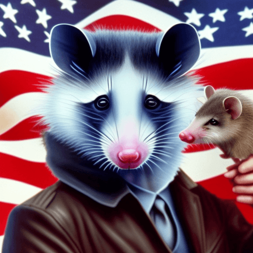 AI generated: an opossum hissing angrily about commies. American flags. Beer. Words to display are "hiss at commie...