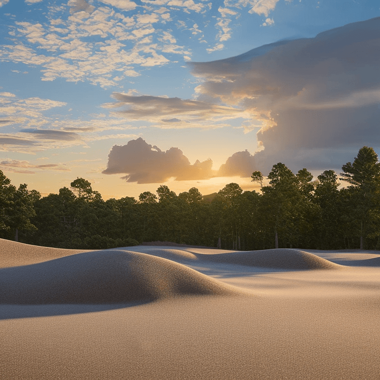AI generated: hyperrealistic oil on canvas,
sparse clouds in a sky, 
sandy beach, trees, granite,
beautiful settin...