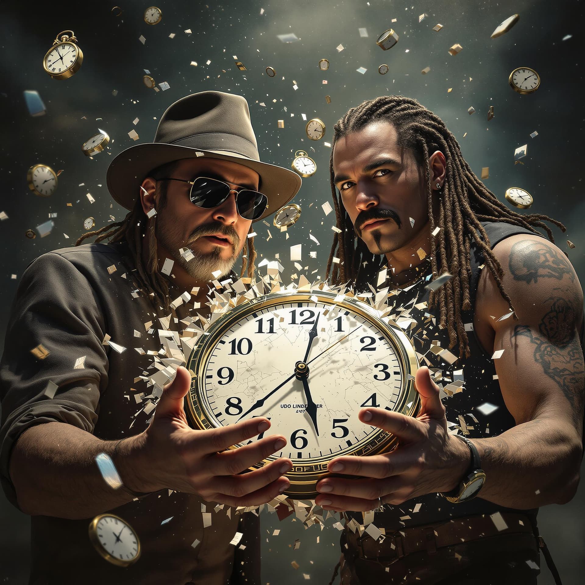 AI generated: Two men holding a clock together, crushing it with their hands as it shatters into pieces. One man r...
