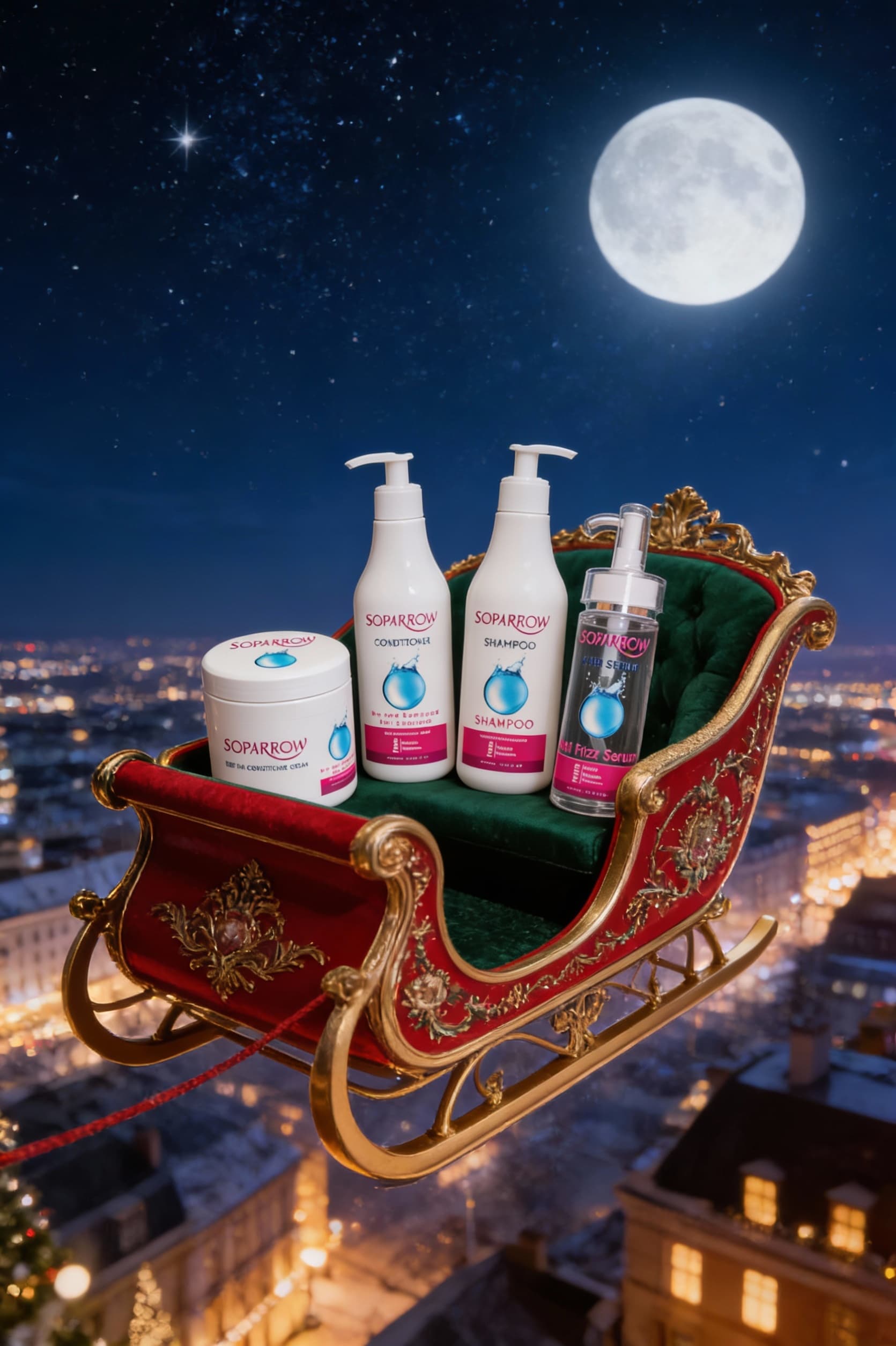 AI generated: Create a high-quality, detailed image featuring a set of four Soparrow hair care products (shampoo, ...