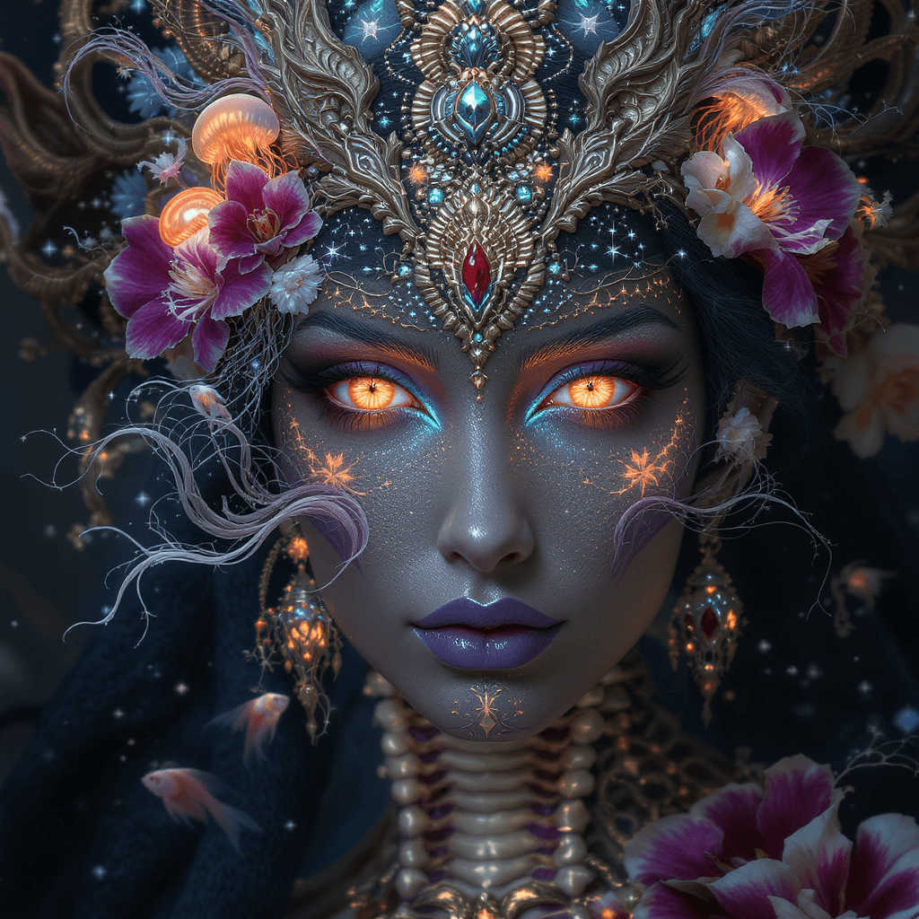 AI generated: Goddess close-up portrait ribcagel. jellyfish phoenix head, nautilus, orchid, skull, betta fish,
bi...