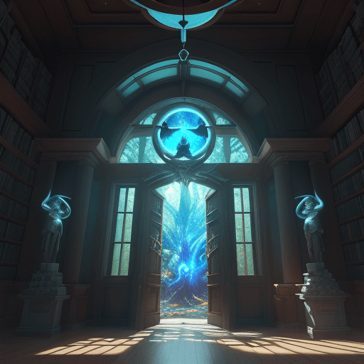AI generated: an indoor esoteric library with the giant oaken guardian totem that defends the universe with sentri...