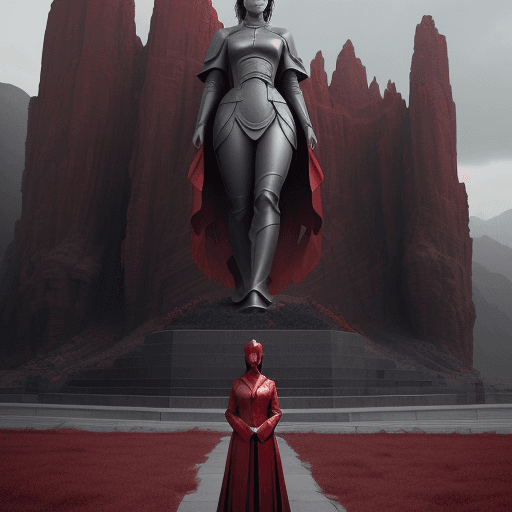 AI generated: the woman stands in front of a giant statue, in the style of cinematic sets, fenghua zhong, alessio ...